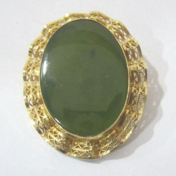 12KGF And Nephrite Jade Brooch - Picture 4 of 6